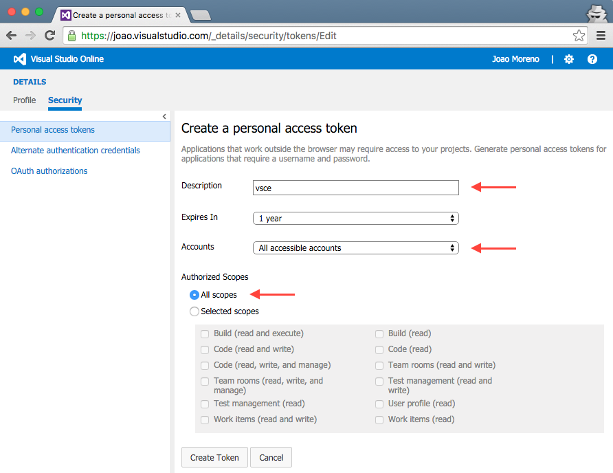 Personal access token details