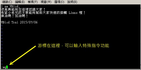 在命令行界面进行储存及离开 vi 环境
